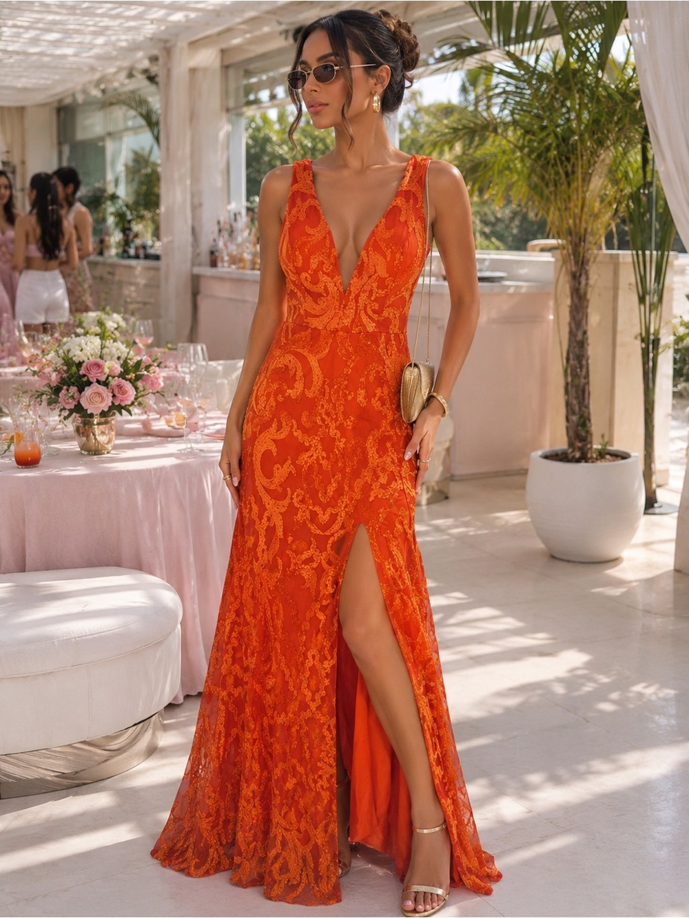 Plunging V-Neck Orange Lace Maxi Dress with High Slit